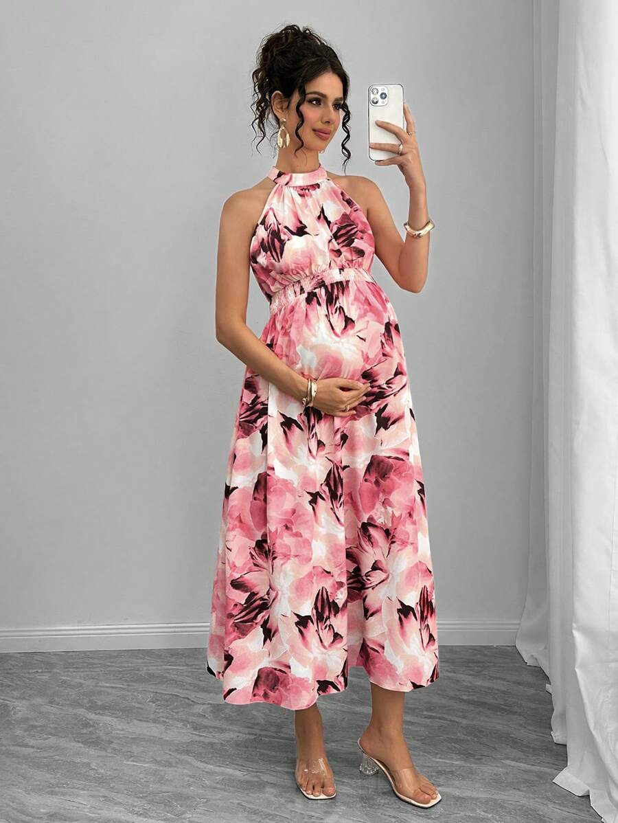 Momance Maternity Dress With Digital Printing, Shirred & Waistline Design - Watermelon Pink - View 1