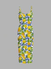 SHEIN EZwear Rochie lungă, casual, cu imprimeu de lămâie și fructe, croială slim fit, cu bretele tip spaghete, potrivită pentru vară, vacanță la plajă, sezonul absolvirii, vacanța de primăvară