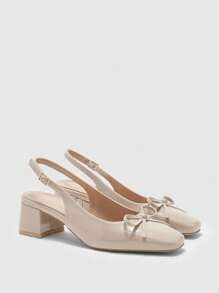 CUCCOO BIZCHIC 女士经典杏色皮革蝴蝶结后跟带高跟鞋，低跟休闲鞋，适合通勤、约会、派对、圣诞节等场合。 - 杏色 - 查看 2