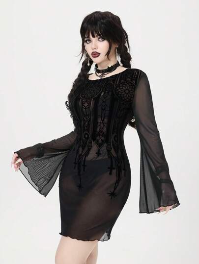 Goth Vestido casual de manga abullonada con estampado de castillo gótico para mujer, adecuado para vacaciones, fiestas en la playa, Halloween