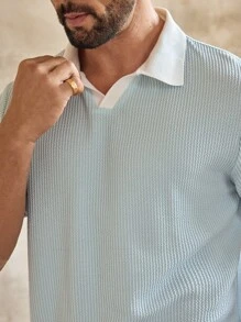 HIMLAND 男士休闲提花拼布翻领V领宽松短袖Polo衫男士浅蓝色Polo衫男士夏季Polo衫浅蓝色男士针织Polo衫男士Polo衫淡蓝色上衣男士，秋季，Old Money - 彩色 - 查看 2