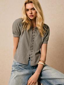 Poéselle 女士格子短袖衬衫，夏季时尚 - 黑與白 - 查看 6