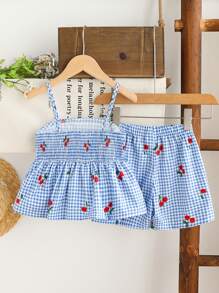 Girls (Small) Cute Plaid, Cherry Print Camisole Top & Casual Print Shorts Set, Suitable For Holiday, Summer