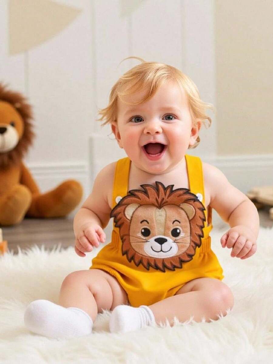 SHEIN Playful Pals 春夏款嬰兒男童可愛休閑3d獅子刺繡連體背心衣