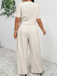 SHEIN Frenchy Plus Size Spring/Summer Casual Minimalist Versatile Striped 2 Pieces Suit Set, Women Blazer + Pants In Fall/Winter - Apricot - View 2