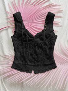 Soleia 女士刺绣开衩下摆拼接蕾丝花边休闲背心，适合度假、派对、下午茶、海滩、约会、夏季 - 黑色 - 查看 2