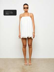 AiiRZ Bubble Hem Mini Dress Spaghetti Strap Summer Flowy Wedding Guest Party Swing Dress Spring Evening Short Ruffled Glamour Chic - White - View 6