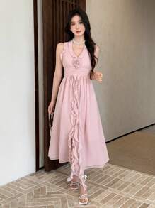 SHEIN LUNE 女款V領無袖荷葉邊裙襬收腰後背掛脖設計海灘度假洋裝，春/夏 - 粉色 - 查看 6