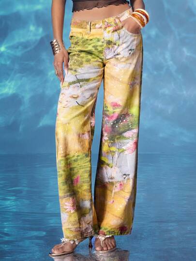 ROMWE Avant Summer Low Waist Loose Printed Denim Jeans For Women