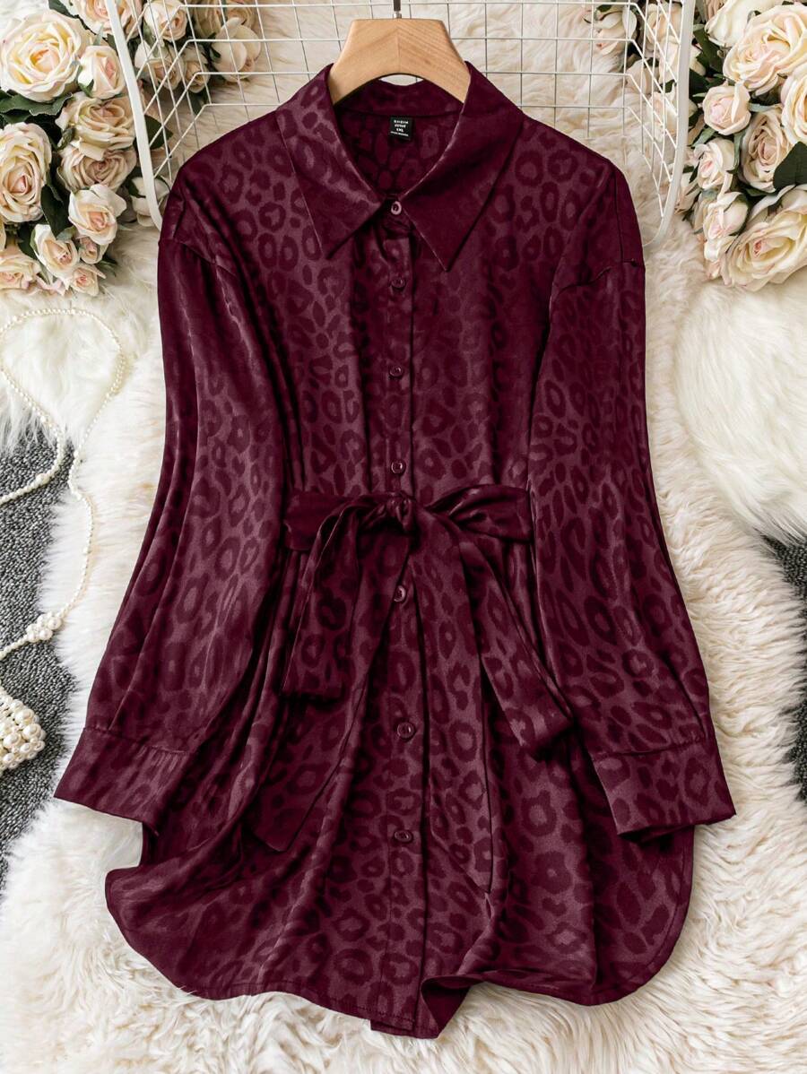 DreamSkyne 大码女式豹纹长袖单排扣宽松时尚衬衫 - 酒紅色 - 查看 1