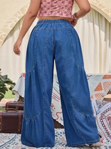 SHEIN LUNE Quần denim ống rộng phong cách nghỉ dưỡng rộng rãi cho nữ cỡ lớn - Rửa trung bình - Xem 2