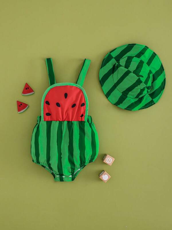 SHEIN Persoplay Kids Conjunto Divertido De Patrón De Sandía Tejido Y Sombrero Para Recién Nacido De Niño