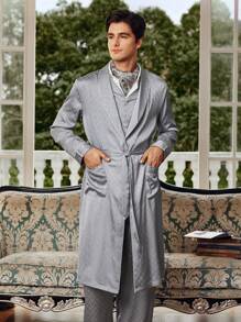 SHEIN EverLounge Bata de baño con cuello alto, parches, bolsillo y cinturón para hombre