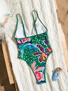 Swim Vcay Summer New Fashion All-Over Random Print Spaghetti Strap Sleeveless High Cut Beach Vacation Swimsuit