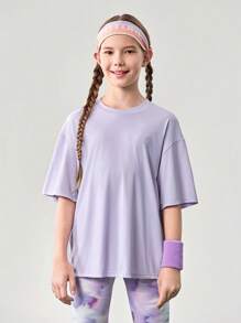 JNSQ T-shirt de sport professionnel pour extérieur pour préadolescentes retournant à l'école, t-shirt de sport ample à col rond pour enfants avec patchwork en maille et impression réfléchissante 3M
