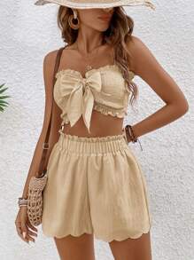 SHEIN Frenchy 2pcs Women Set: Solid Color Ruched Bow Decor Tube Top And Shorts Summer Brown - Khaki - View 5