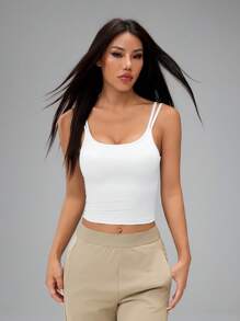 SHEIN PETITE Women's Solid Color Cropped Fitted Camisole White Tank Top With Built-In Bra - Black - View 4