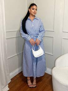 SHEIN SXY Blue And White Striped Long Sleeve Shirt Style Cinched Waist A-Line Dress For Women, Work/Casual Wear, Spring & Summer - Blue and White - View 5
