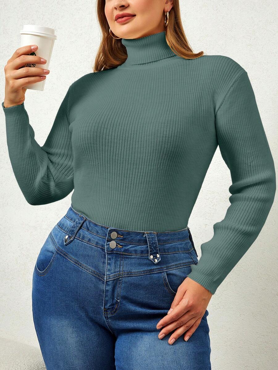 RueChic Áo len dài tay cổ cao màu trơn cỡ lớn cho nữ - Màu xanh Bạc hà - Xem 1
