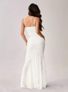 SHEIN PETITE Bộ đồ hai mảnh ren xuyên thấu viền bất đối xứng và váy đuôi cá nhún bèo dài bất đối xứng cạp trễ dành cho mùa cưới xuân hè dành cho nữ - trắng - Xem 2