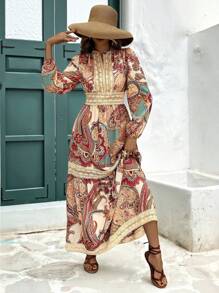 Vivid Eden Women's Floral Print V-Neck Splicing Lace Dress, Elegant For Holiday, Long Sleeve Dress, Commute, Minimalist, Office, Old Money, Simple, Button Down Dress, Fall Women Outfits, Winter Inside Out Dress, Summer Clothing,Vacation Style