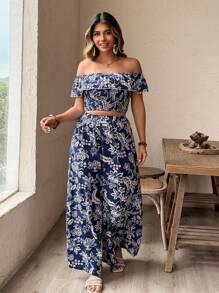 SHEIN PETITE Set de 2 piezas compuesto por top corto de hombros descubiertos con volantes y pantalones palazzo de cintura elástica con estampado floral, estilo bohemio perfecto para vacaciones, look elegante y juvenil para uso diario, citas, primavera/verano