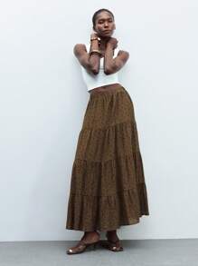Maija Women's Polka Dot Elastic Waist Casual Boho Flowy Long Skirt, Summer - Khaki - View 7