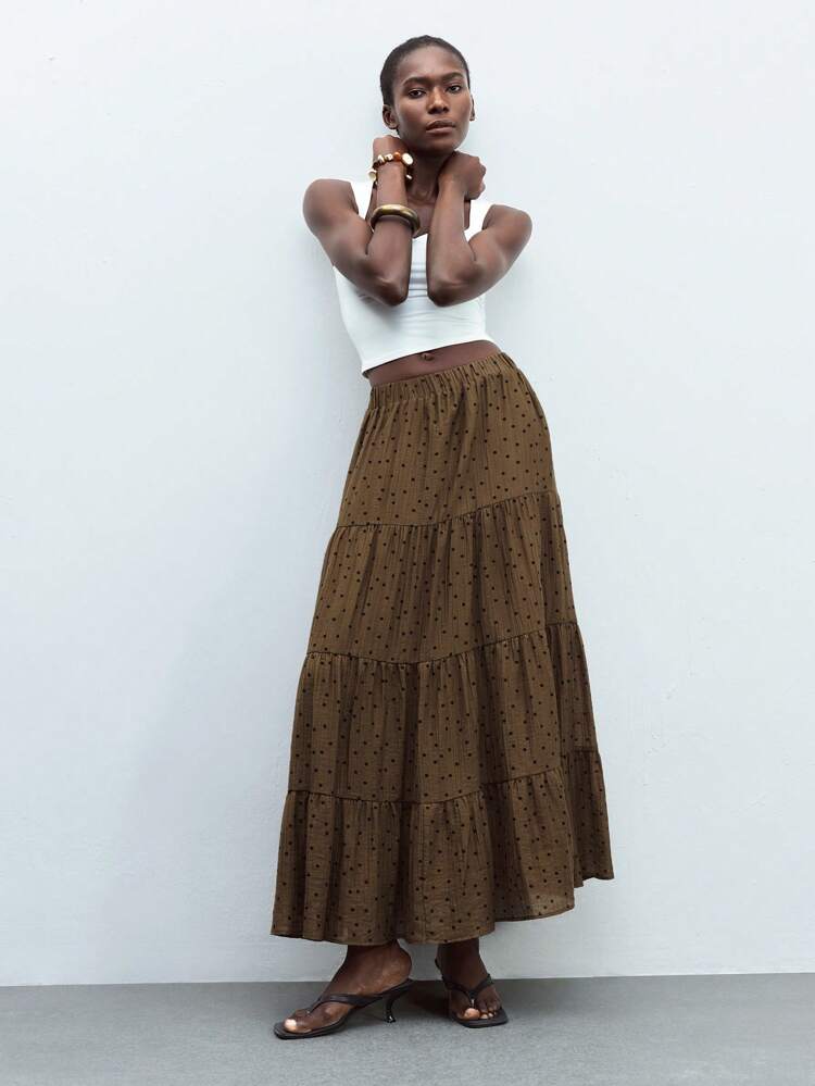 SHEIN Maija Falda larga flowy casual de boho con cintura elástica con lunares, para el verano