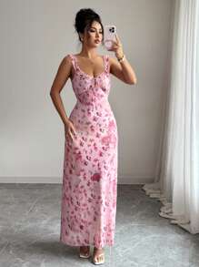 Breezaya Vestido-camiseta de mujer de 2 capas con estampado tie-dye desteñido y floral ditsy para la fiesta de té a la francesa