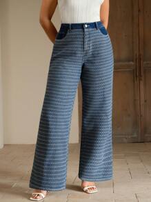 Anewsta 女士休闲提花宽腿宽松牛仔裤 - 藍色 - 查看 3