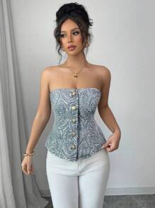 Firerie Women's Elegant Navy Blue And White Floral Jacquard Button Camisole Top,Vintage Blouse For Summer,Date,Commute,,Music Festival, - Blue - View 3