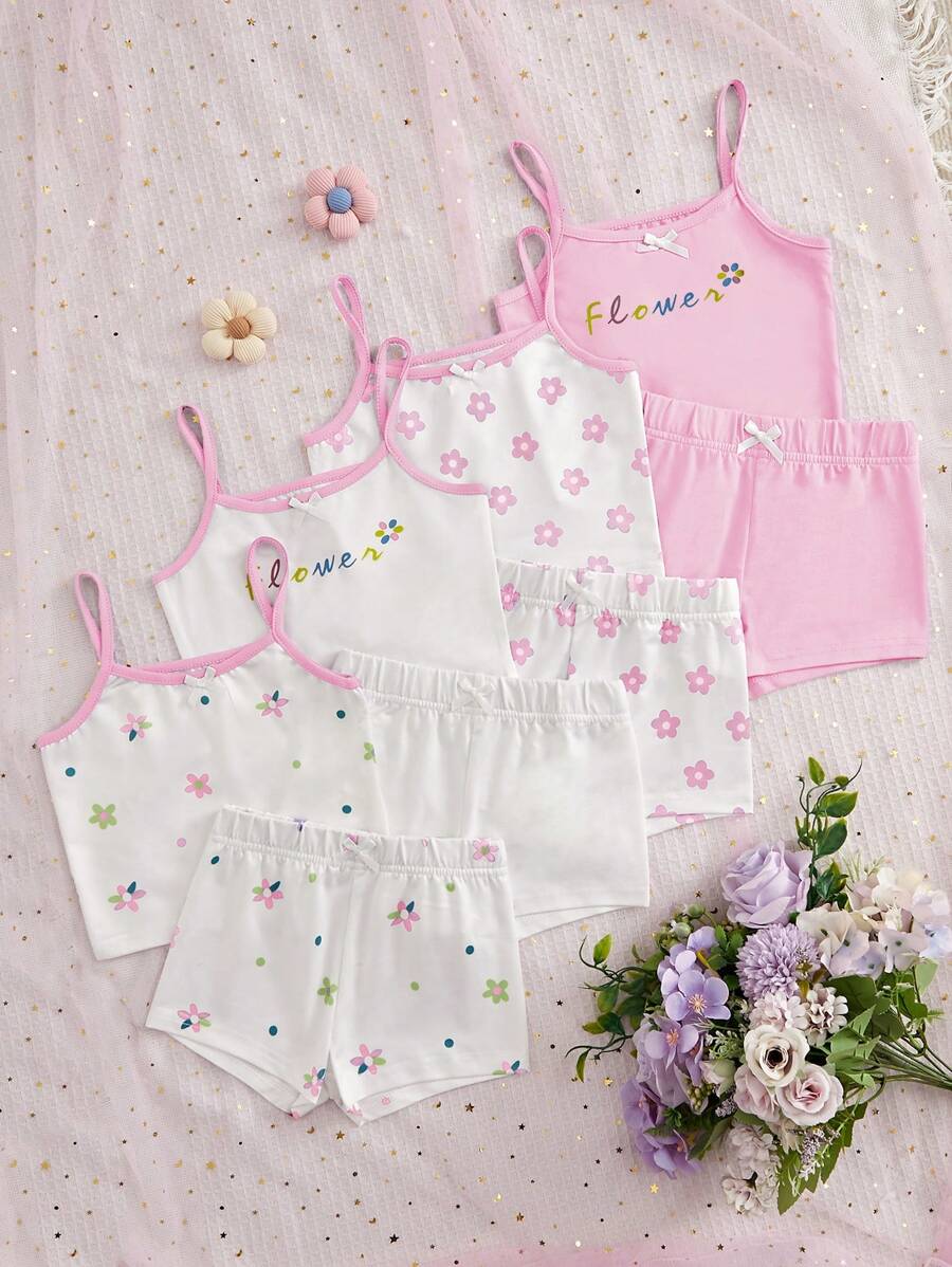 8件套少女花卉印花吊带背心和平角短裤内衣套装