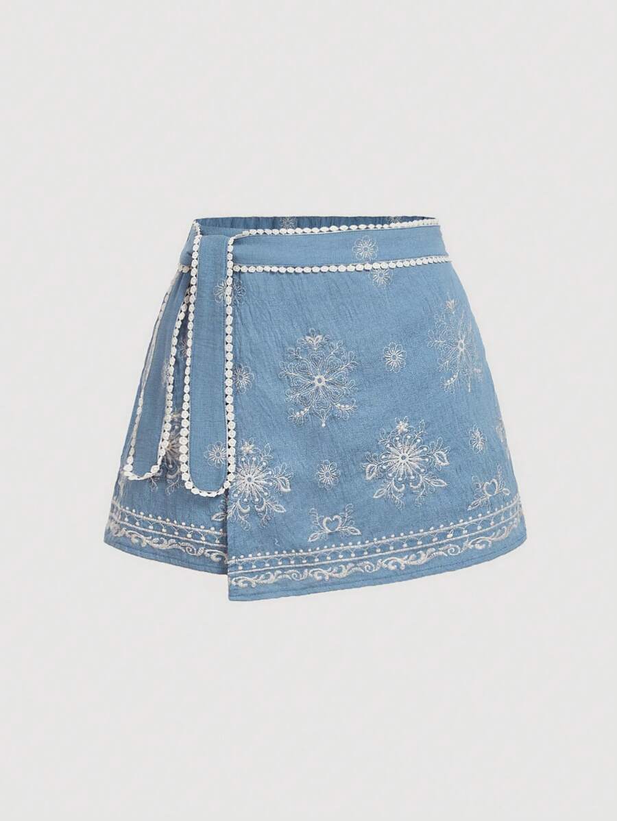 SHEIN MOD Falda-pantalón azul con bordado para mujer talla grande, adecuada para vacaciones y uso casual, con dobladillo asimétrico, cintura con cordón y bordado, para primavera/verano, pantalones cortos gráficos, ropa occidental para mujer, ropa bohemia para mujer, almuerzos para mujer, fiestas del té - Azul - Ver 1