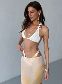 Aloruh Set Bikini Rajut 2 Potong Wanita: Atasan Crop Mikro Tanpa Lengan Model Halter dengan Tali Belakang dan Rok Pantai Semi-Transparan Pinggang Tinggi dan Pinggang Rendah - Biru - View 5