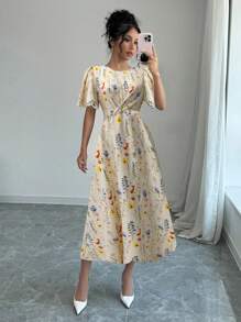 Chiquease 女式不对称印花扭结系带休闲连衣裙，扭结系带海滩度假连衣裙 - 杏色 - 查看 5