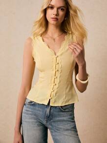 Poéselle Áo màu vàng bơ, áo thời trang nữ màu trơn phối ren cổ chữ V cài một hàng khuy, thích hợp cho đi chơi, mặc hàng ngày, đi nghỉ mát, hẹn hò, đi làm và các dịp khác. - Màu vàng - Xem 6