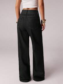 Avantive Women's Loose Relaxed Fit Metal Button Washed Deep Blue Low Waist Straight Leg Jeans, Summer - Black - View 2