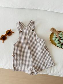 SHEIN LMoss Kids Newborn Baby Boy/Girl Versatile Cute Plaid Jumpsuit, Summer Checkered Overalls Baby Gingham Jumpsuit Baby Checkered Outfit Mocha Baby Clothes Summer Baby Outfit - Multicolor - View 3