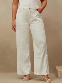 Anewsta Women's Elegant Modern Plaid Textured Sequin Embellished Pants - Apricot - View 4