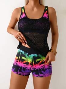 Swim Lushoire 2pcs/Set Women Bikini Swimsuit, Gradiant Coconut Tree Print Camisole Tank Top And Shorts, Summer - Multicolor - View 4