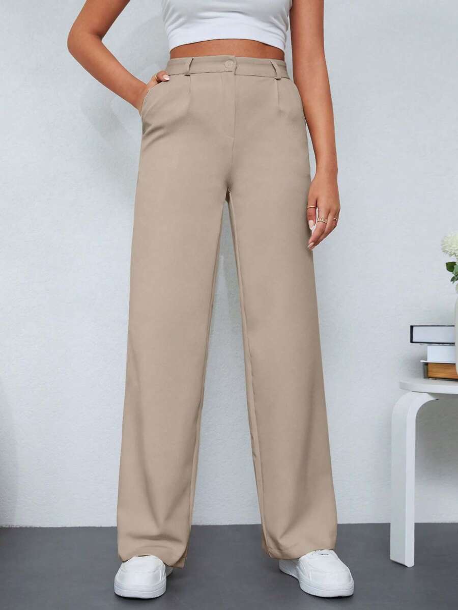 SHEIN Cottnline Women's Simple Solid Color Button Front Straight Leg Work Pants - Beige - View 1