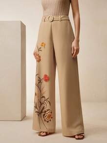 Anewsta Pantalon évasé avec ceinture à boucle et détail d'appliqués à impression florale