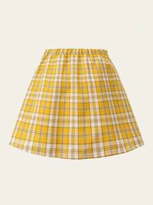 Tween Girl Yellow Plaid Skirt, Versatile And Casual American College Style For Daily Wear 2025 Back-To-School Season Kids College Outfits And Campus Sportswear - Yellow - View 2