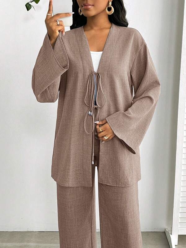 SHEIN Lady Large Size 2 Pieces Set Women's Casual Front Tie Long Sleeve Top And Pants Set, Solid Large Size Women's Two Pieces Set Beach Outfits For Woman Business Casual Woman Summer Outfits For Women Summer For Women Vacation Outfits Woman Beach Outfits For Woman Wedding Guest Women Birthday For Women Cheetah Print Business Casual Woman Birthday Outfits For Women 4th Of July Women Two Pieces Lounge Set Women Loungewear Women Lounge Sets For Women,Old Money Style Women