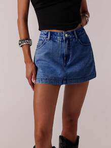 SHEIN Forever 21 Váy mini denim rách phong cách đường phố cổ điển cho nữ, mùa xuân - Rửa tối - Xem 6