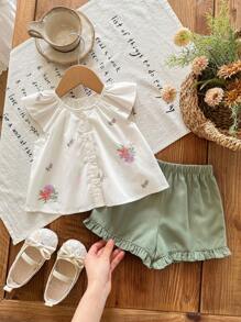 SHEIN LMoss Kids Newborn Baby Girls Summer Cute Versatile Floral Embroidery Design Short Sleeve Top And Green Shorts Set