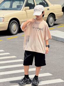 1 Piece Tween Boy 休闲运动学院艺术风格复古宽松版型个性字母印花圆领卡其色 T 恤适合返校男孩适合生日派对、晚会、表演、婚礼、洗礼、开幕式日常适合日常使用适合上学适合旅行适合运动适合春夏季节 - 卡其色 - 查看 6