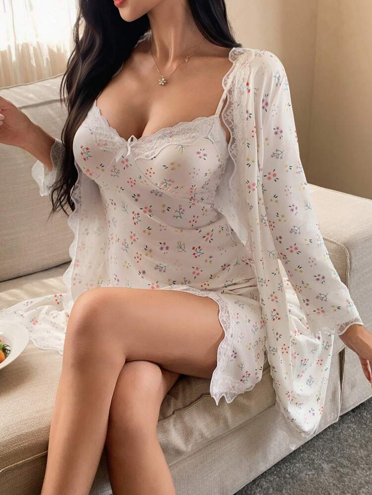 2pcs Women Ditsy Floral Lace Patchwork Cami Sleep Dress & Robe Sleepwear Pajama Set, Fall Winter Clothes