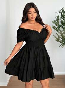 Vionelle Plus Size Woven Elegant V-Neck Puff Sleeve Ruffle Midi Dress - Black - View 2