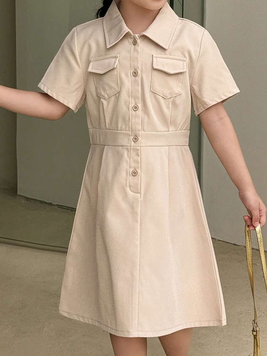 SHEIN 少女短袖纽扣前开式休闲衬衫领连衣裙 - 卡其色 - 查看 1